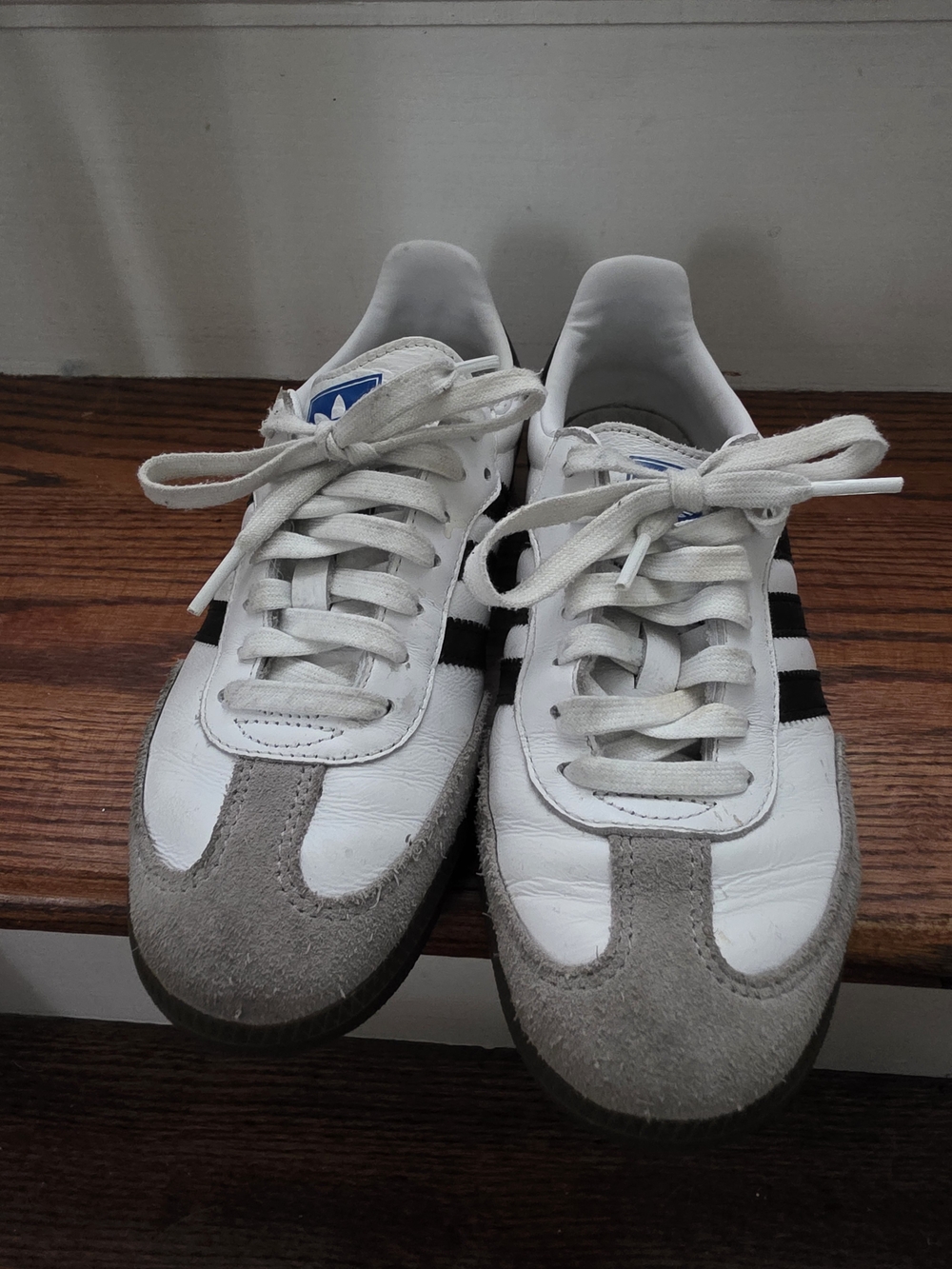adidas White Sneakers with Black Stripes and Gray Suede Accents